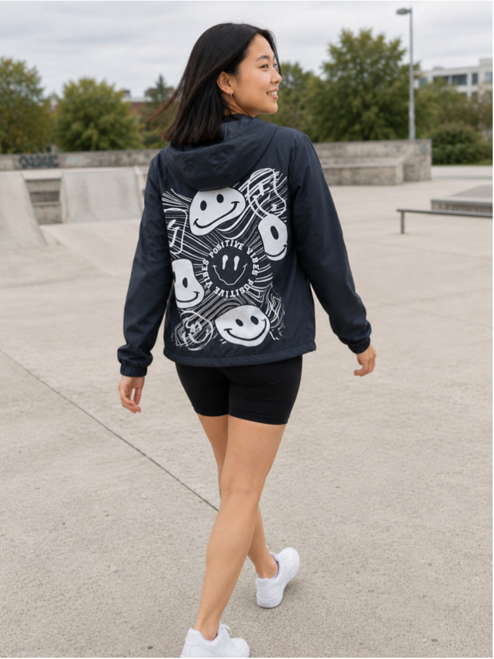 Orange Kiss Windbreaker Jacket Small Navy Smiley Face Positive Vibes Graphic